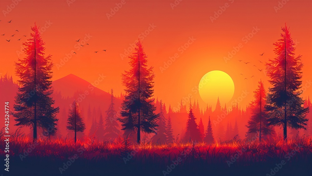 Sticker Vibrant sunset over a serene forest landscape with silhouetted trees