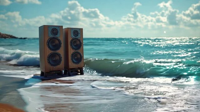Two wooden speakers sit on the beach as waves lap at their base, showcasing a vibrant blue ocean and a bright, cloudy sky.