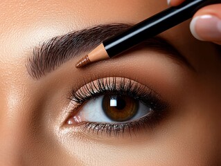 Naklejka premium Close-up of a woman's eye as she uses an eyebrow pencil for perfecting her brows in a beauty routine.