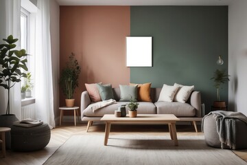 Modern living room interior with grey sofa, wooden coffee table, and plants