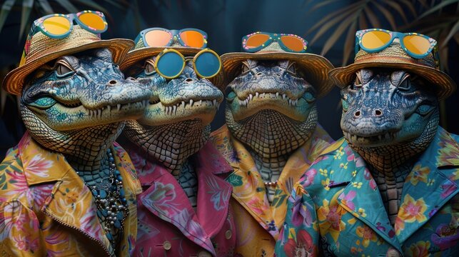 Party with the Crocs: A Colorful Group of Fashionable Reptiles for Birthday Invites or Ads on Solid Background with Copy Space