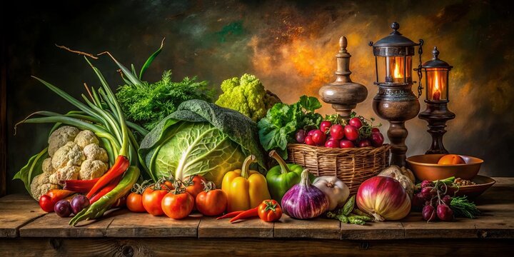 Colorful flemish still life with vibrant vegetables and dramatic baroque lighting