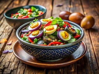 retro vintage style bold colors and patterns Spicy Century Egg Salad served in traditional Thai ceramic bowl on ornate wooden table