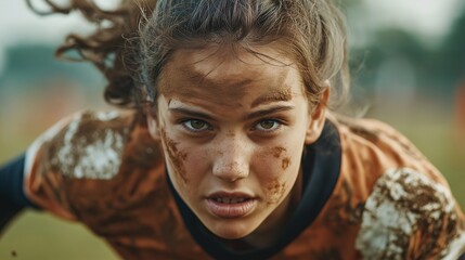 Grit and Glory: A female rugby player, her face smeared with mud, stares with fierce determination, embodying the unwavering spirit of competition.