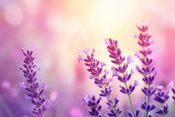 Naklejka premium Lavender flowers field, soft focus. Beautiful Nature summer Background. Floral Natural Wallpaper with purple Lavender flowers , ai
