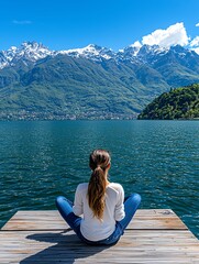 Fototapeta premium A serene scene of a person sitting on a dock, gazing at majestic mountains and tranquil waters, evoking peace and solitude.