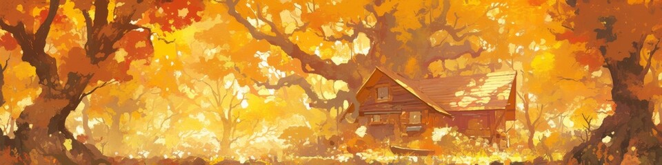 Autumn Serenity: Cozy Cabin in Vibrant Maple Forest - Anime-Style Illustration for Seasonal Marketing and Nature Retreats. Peaceful Lifestyle Scene with Elderly Person in Rocking Chair by Clear Stream
