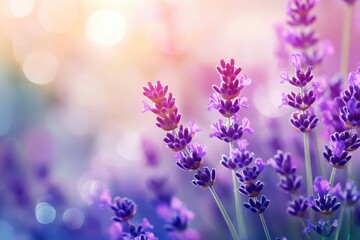 Naklejka premium Lavender flowers field, soft focus. Beautiful Nature summer Background. Floral Natural Wallpaper with purple Lavender flowers , ai