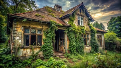 Fototapeta premium Creepy old abandoned house with broken windows and overgrown plants, abandoned, spooky, haunted, neglected, eerie