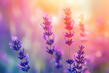 Fototapeta premium Lavender flowers field, soft focus. Beautiful Nature summer Background. Floral Natural Wallpaper with purple Lavender flowers , ai