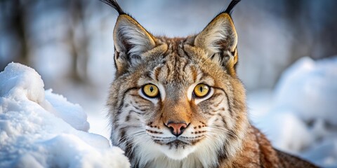 Obraz premium Close-up shot of a lynx's intense expressive eyes in a snowy landscape, lynx, wildlife, predator, feline, eyes, intense, snow