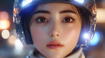 Close-up portrait of a young woman in a futuristic helmet with soft lighting and bokeh background.