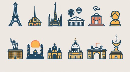 Fototapeta premium Famous Landmarks Line Art Icon Set.