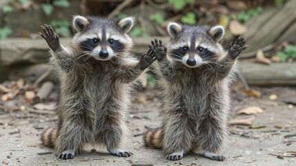 Playful Raccoon Duo Frolicking on White Background
