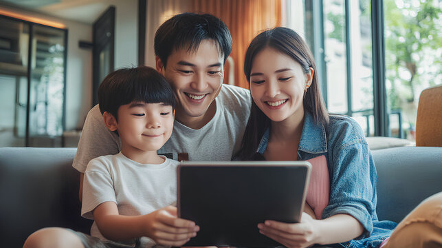 Happy Asian family using tablet, laptop for playing game watching movies, relaxing at home for lifestyle concept