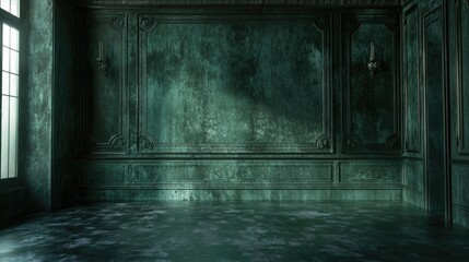 3D rendering of a dark green wall from an old mansion part of a mystical series