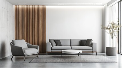 Modern living room interior featuring white and wooden walls a concrete floor and a cozy gray couch alongside an armchair next to a square coffee table 3D rendering