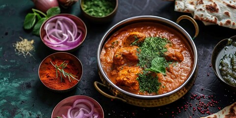 Butter chicken with mint chutney and onion accompaniments