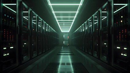 Obraz premium Server room. Modern dark data center with rows of server cabinets illuminated by bright lights, creating an atmosphere reminiscent of the film 