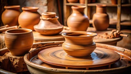 Potter's wheel with clay pots in progress of shaping