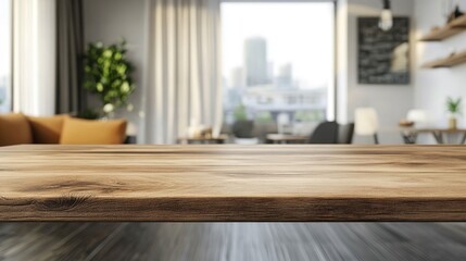 3D rendering of a wooden tabletop for product display against a blurred modern interior showcasing kitchen furniture and desk space for product promotion