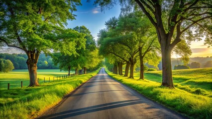 Fototapeta premium Empty road surrounded by lush green trees and grass in a serene and tranquil rural countryside setting