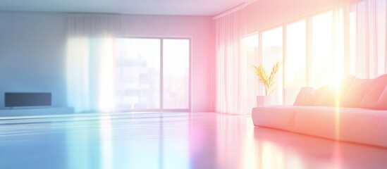 3D rendering of a blurred living room interior with morning sunlight streaming through a large window showcasing a bright white tone for background use