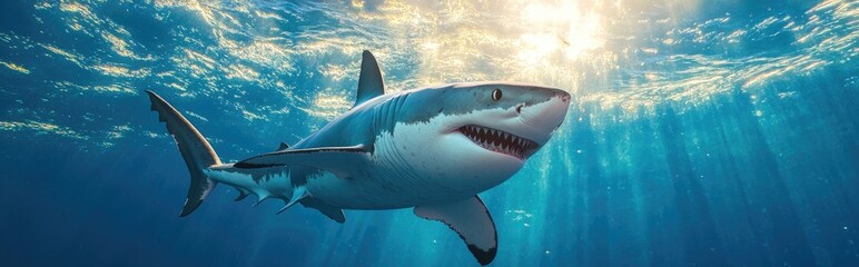 Fototapeta premium Contemporary home featuring a white shark in a 3D rendering on a blue background