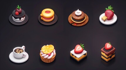 3D Rendered Dessert Icons on Black Background.