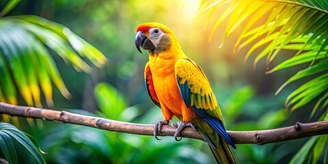 Obraz premium Vibrant yellow parrot perched on a lush branch in an African jungle setting