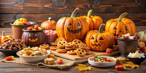 Halloween party with pumpkin shaped snacks and treats for a festive celebration