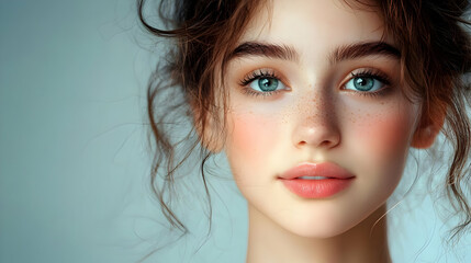 Close-up portrait of a young woman with blue eyes, freckles, and light brown hair.