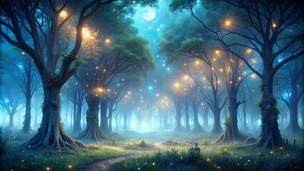 Enchanted forest with glowing trees at night, making it look mystical and ethereal