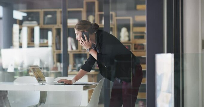 Phone call, office laptop and happy woman reading online review, feedback and report company data to corporate contact. Communication, glass window and agent consulting on project with cellphone user