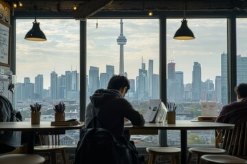 A student studying in a cozy café with a view of the city skyline from a foreign country. The café is busy, with, Generative AI