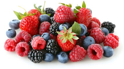 A mix of fresh raspberries, blueberries, blackberries, and strawberries isolated on a white background