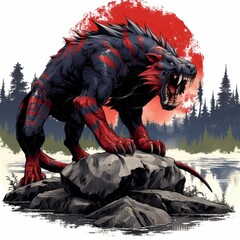 Obraz premium Red and Black Fanged Beast Roaring on Rocks by Water