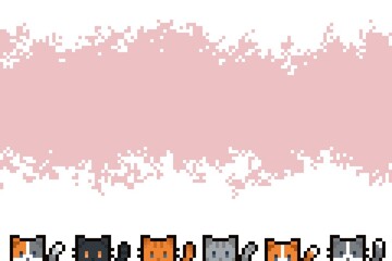 Pixel art of cute six cat or kitty with pink and white background and copy space. Animal pixel art game character, can be used for card, wallpaper or background. Simple and cute card