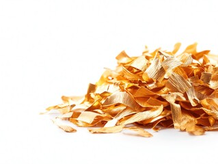 A pile of shiny golden shavings on a white background, perfect for crafts, decoration, or artistic projects.