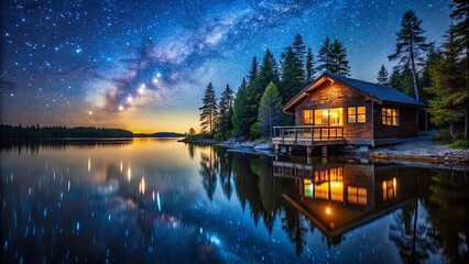 Fototapeta premium Serene lakeside cabin under starry night sky