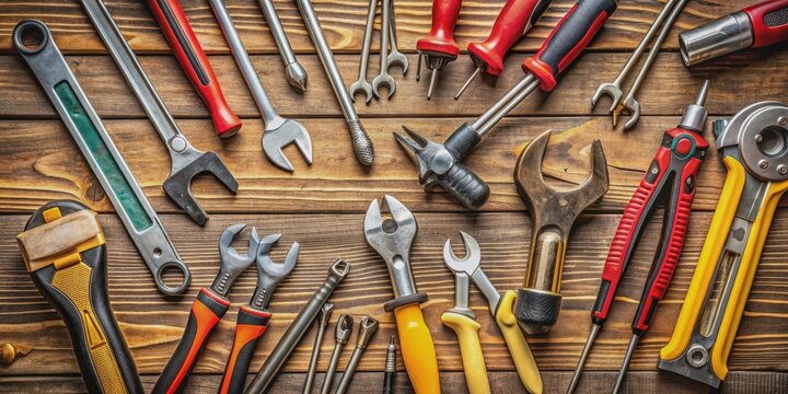 A close-up photo of various repair tools such as wrenches, screwdrivers, pliers, and hammers , wrench, screwdriver, pliers