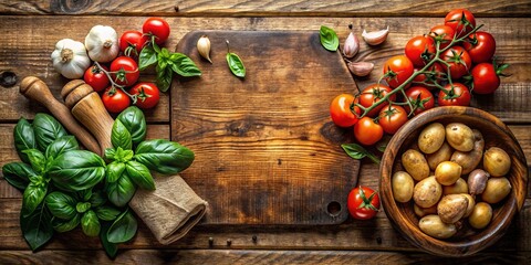 Rustic wooden cutting board with fresh ingredients like potatoes, tomatoes, garlic, and basil for culinary preparation