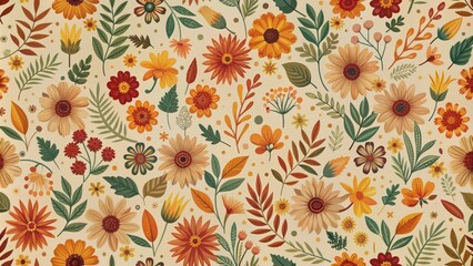Seamless wallpaper pattern featuring simple s of autumn flowers, autumn, flowers, wallpaper, floral,seamless, pattern