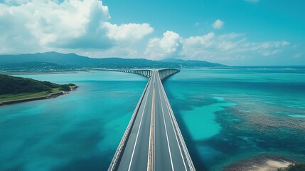 Scenic View of Okinawa Bridge in Japan, Featuring a Majestic Architectural Structure Against a Beautiful Natural Backdrop, Showcasing the Unique Beauty and Engineering of the Region