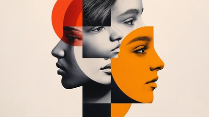 Faces of Diversity: A captivating collage of diverse female profiles, rendered in a striking grayscale palette with vibrant orange accents, evokes themes of individuality, unity