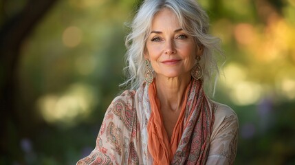 Elegant mature woman at a garden party in a bohemian outfit