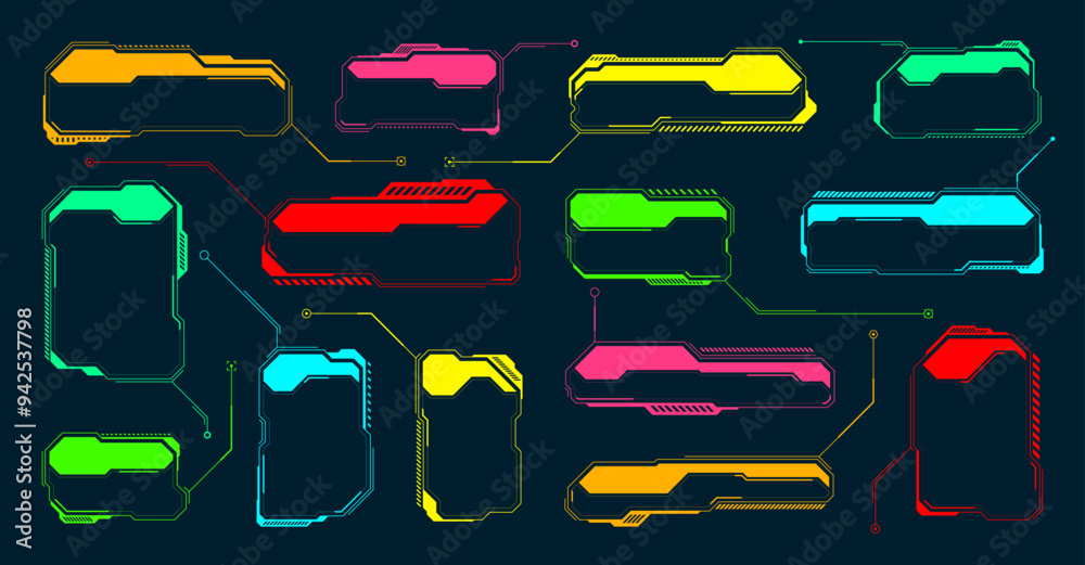 Poster futuristic hud or ui elements. sci-fi user interface text boxes, callouts. colorful warning message 