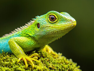 Fototapeta premium Vibrant green lizard perched on moss, showcasing intricate scales and curious expression.