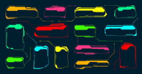 Futuristic HUD or UI elements. Sci-fi user interface text boxes, callouts. Colorful warning message frame, information boxes template. Modern game interface layout, digital style. Vector illustration