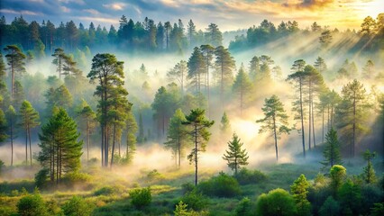 A tranquil misty morning in the forest with ethereal fog among the trees